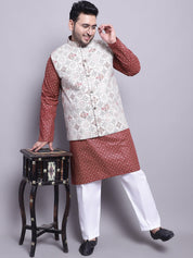 Men's Cotton Linen Maroon Kurta and White Pyjama With Cream Cotton Nehrujacket