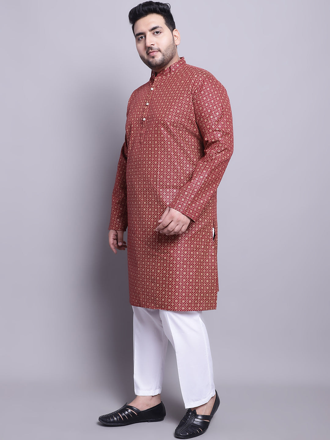 Men's Cotton Linen Maroon Kurta and White Pyjama With Cream Cotton Nehrujacket