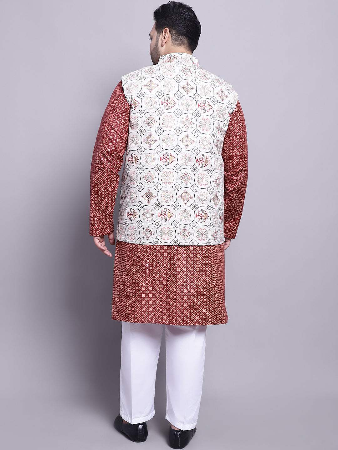 Men's Cotton Linen Maroon Kurta and White Pyjama With Cream Cotton Nehrujacket