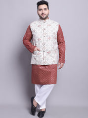 Men's Cotton Linen Maroon Kurta and White Pyjama With Cream Cotton Nehrujacket