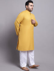 Men's Cotton Blend Mustard Kurta & Yellow Printed Nehrujacket With White Pyjama