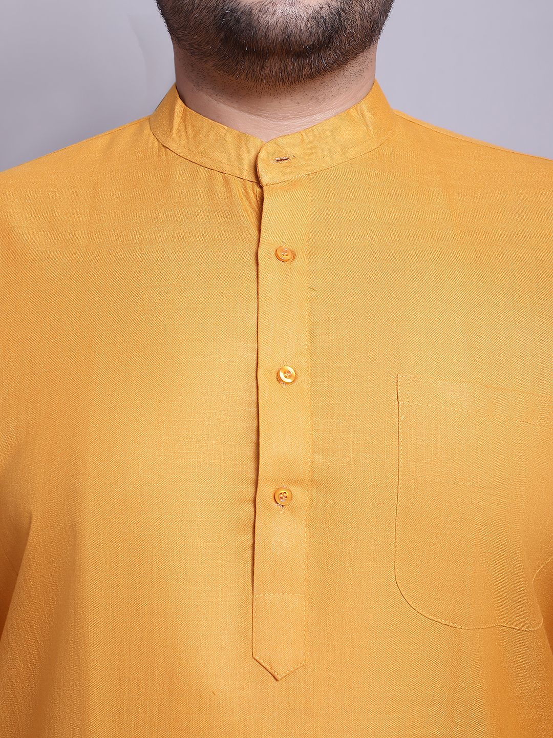 Men's Cotton Blend Mustard Kurta & Yellow Printed Nehrujacket With White Pyjama