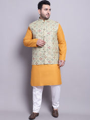 Men's Cotton Blend Mustard Kurta & PGreen Printed Nehrujacket With White Pyjama