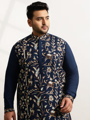Men’s Cotton Navy Blue Long Kurta with All-Over Nature & Animal Embroidery