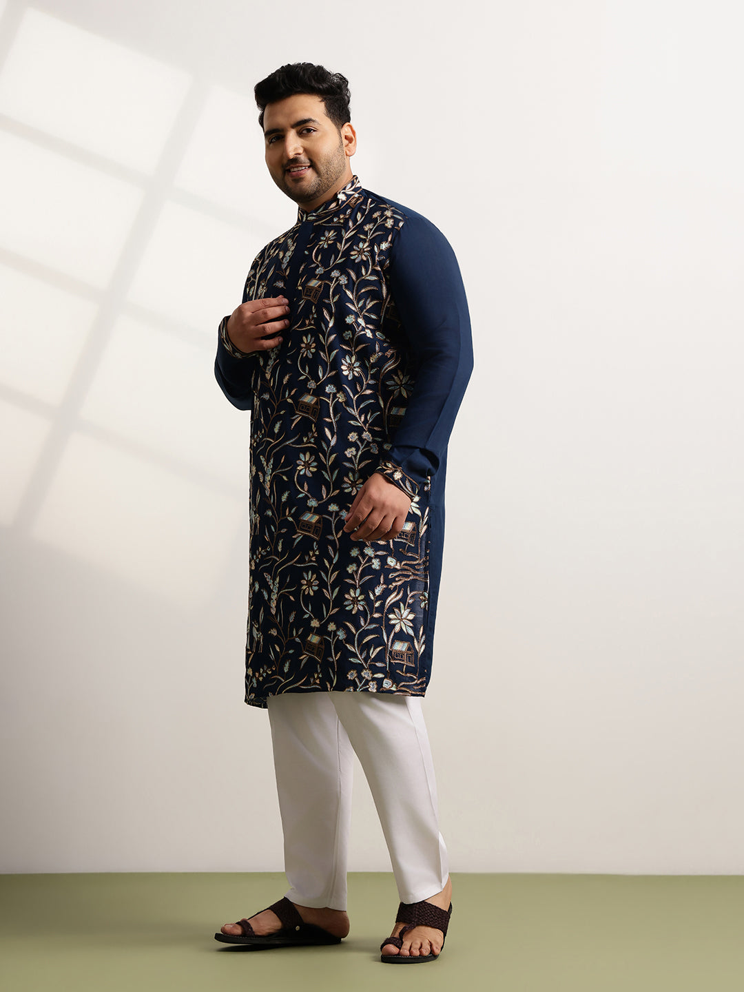 Men’s Cotton Navy Blue Long Kurta with All-Over Nature & Animal Embroidery