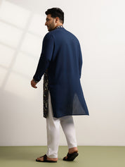 Men’s Cotton Navy Blue Long Kurta with All-Over Nature & Animal Embroidery