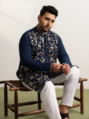 Men’s Cotton Navy Blue Long Kurta with All-Over Nature & Animal Embroidery
