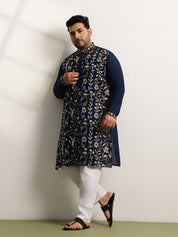 Men’s Cotton Navy Blue Long Kurta with All-Over Nature & Animal Embroidery