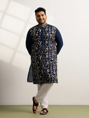 Men’s Cotton Navy Blue Long Kurta with All-Over Nature & Animal Embroidery