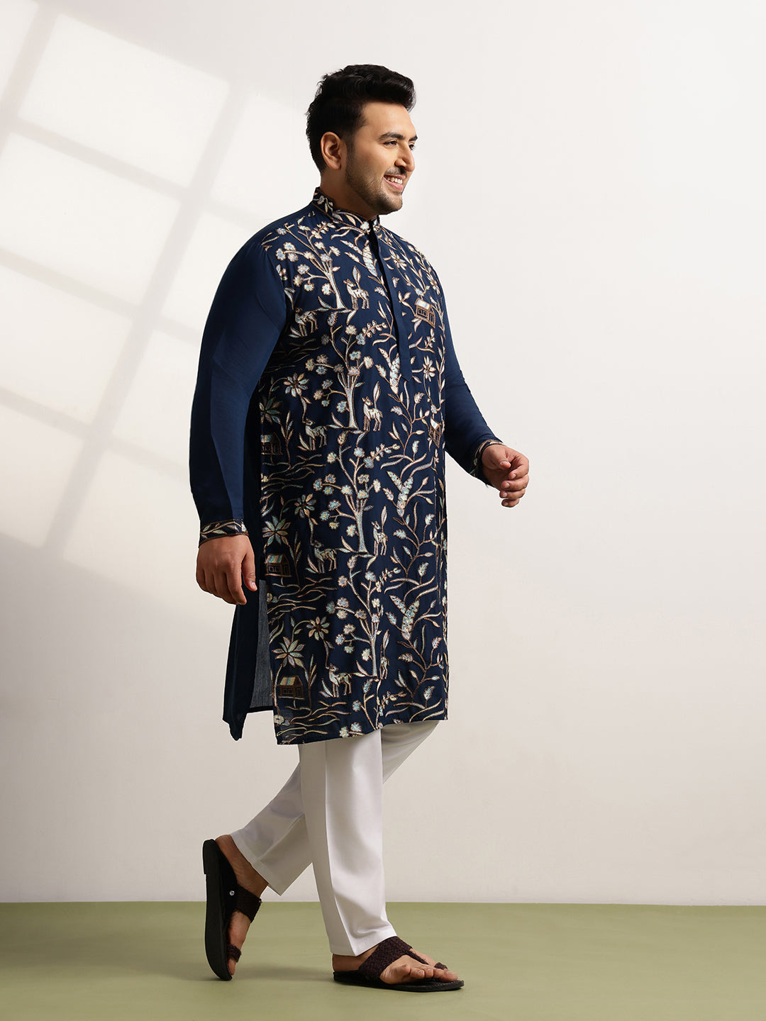 Men’s Cotton Navy Blue Long Kurta with All-Over Nature & Animal Embroidery