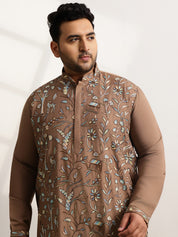 Men’s Cotton Brown Long Kurta with All-Over Nature & Animal Embroidery