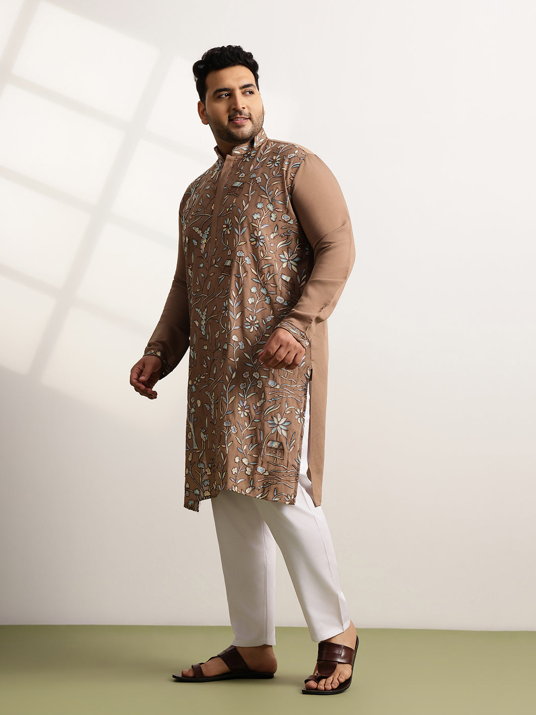 Men’s Cotton Brown Long Kurta with All-Over Nature & Animal Embroidery