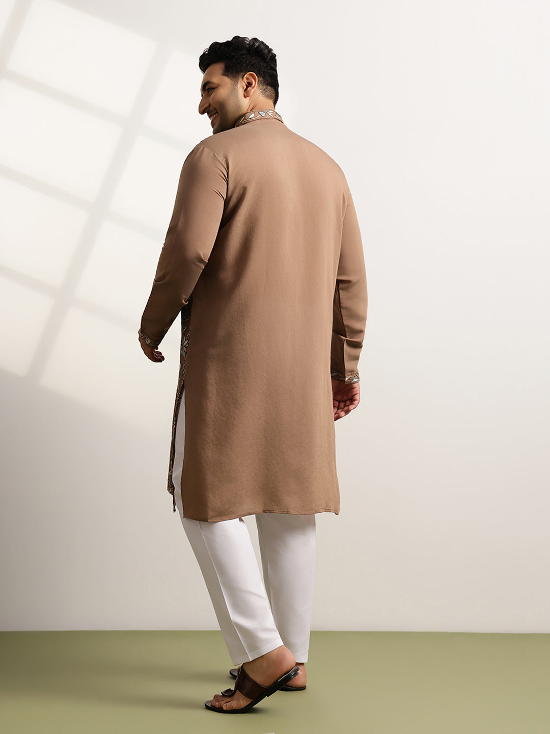 Men’s Cotton Brown Long Kurta with All-Over Nature & Animal Embroidery