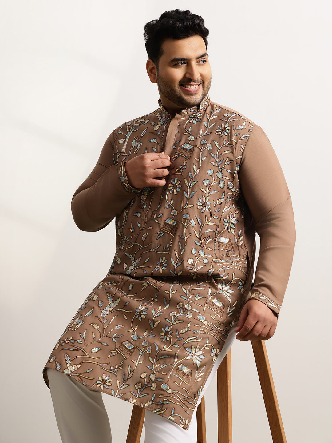 Men’s Cotton Brown Long Kurta with All-Over Nature & Animal Embroidery