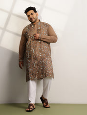 Men’s Cotton Brown Long Kurta with All-Over Nature & Animal Embroidery