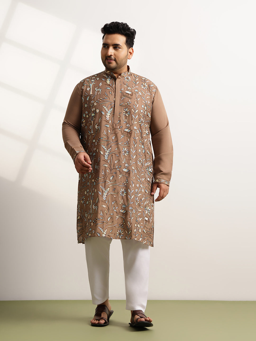 Men’s Cotton Brown Long Kurta with All-Over Nature & Animal Embroidery