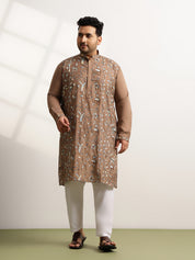Men’s Cotton Brown Long Kurta with All-Over Nature & Animal Embroidery