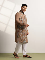 Men’s Cotton Brown Long Kurta with All-Over Nature & Animal Embroidery