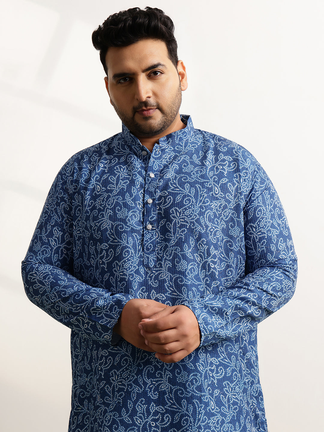 Men’s Cotton Bandhani Print Embroidered Teal Long Kurta