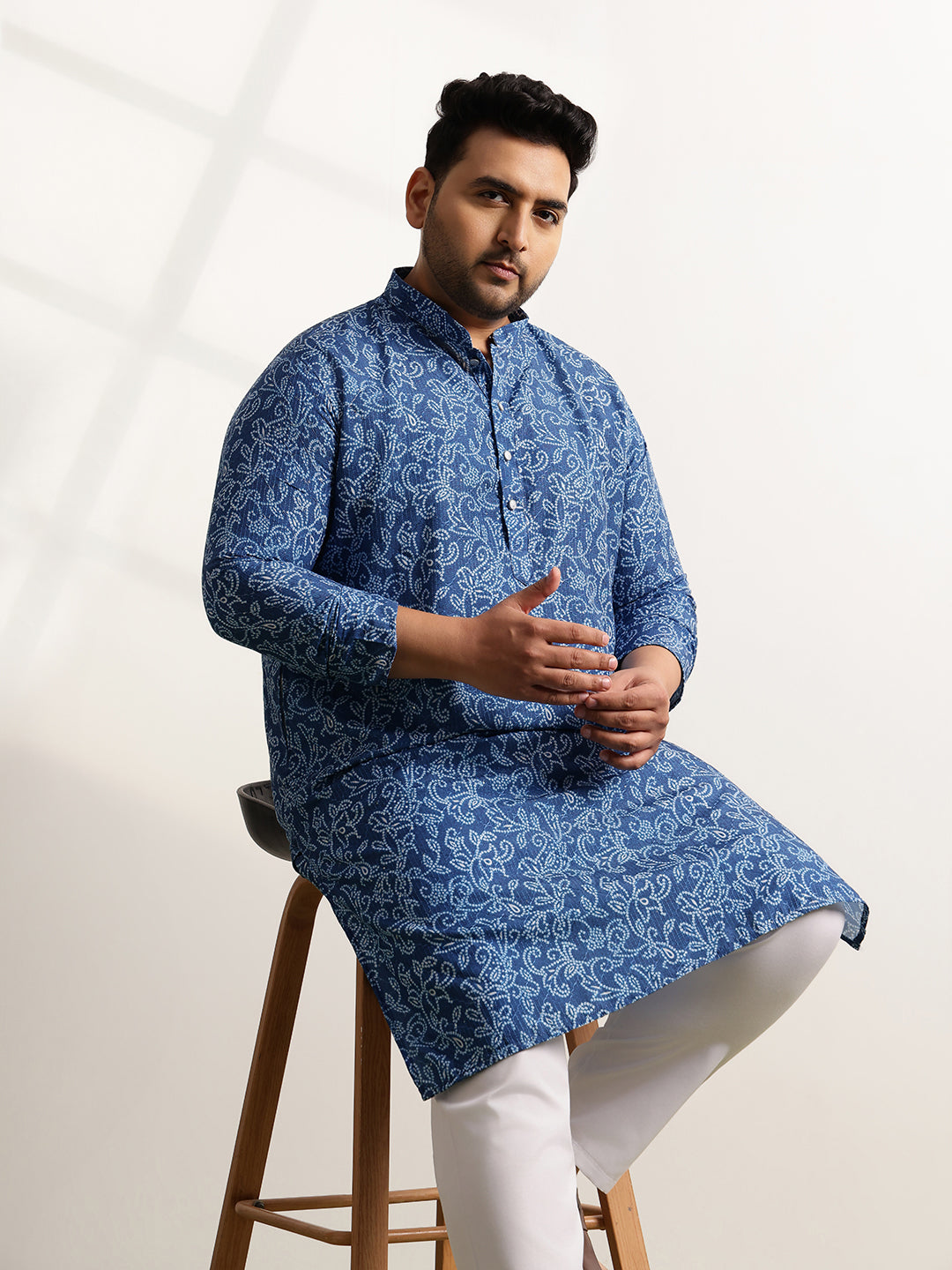Men’s Cotton Bandhani Print Embroidered Teal Long Kurta