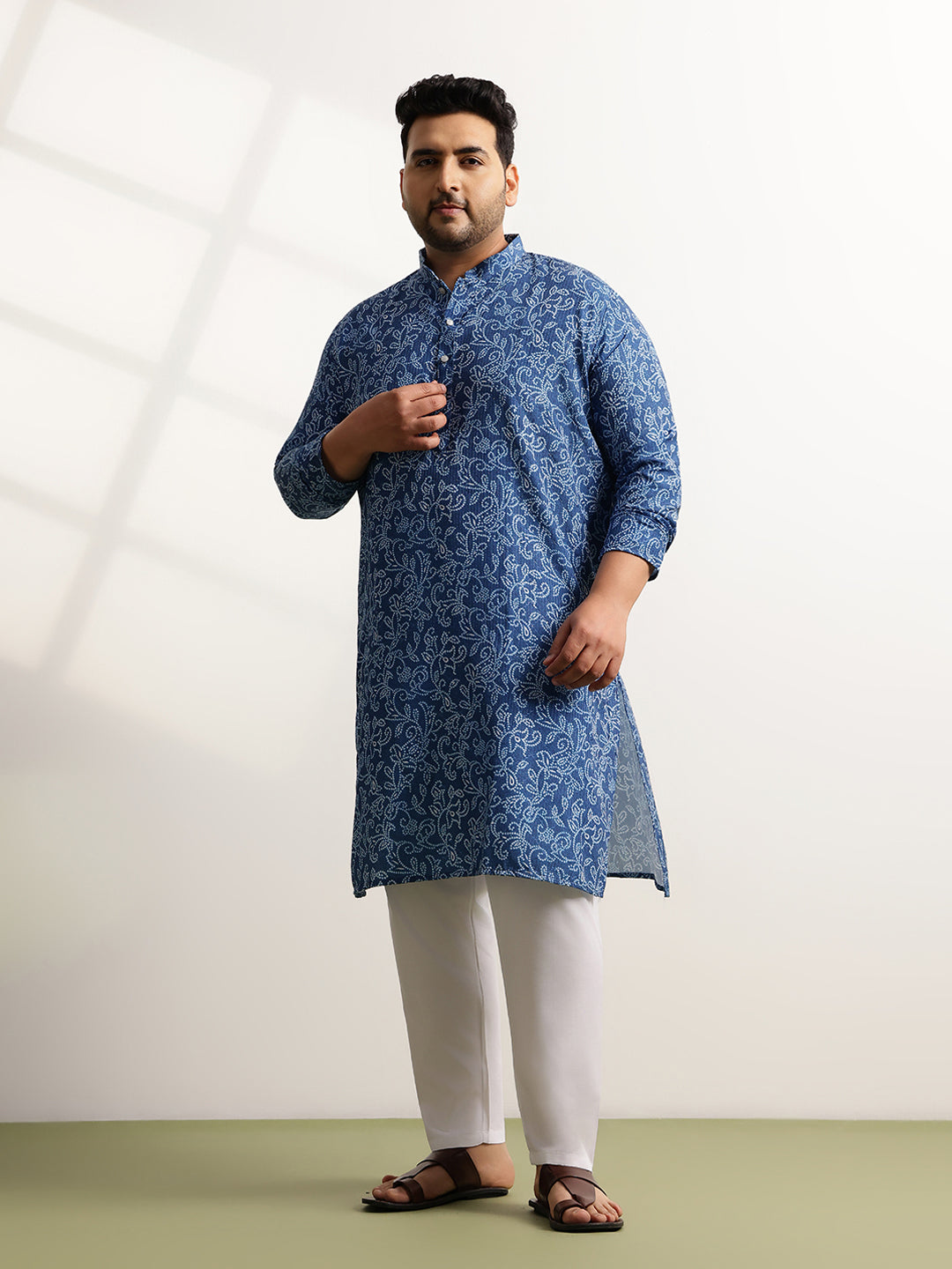 Men’s Cotton Bandhani Print Embroidered Teal Long Kurta