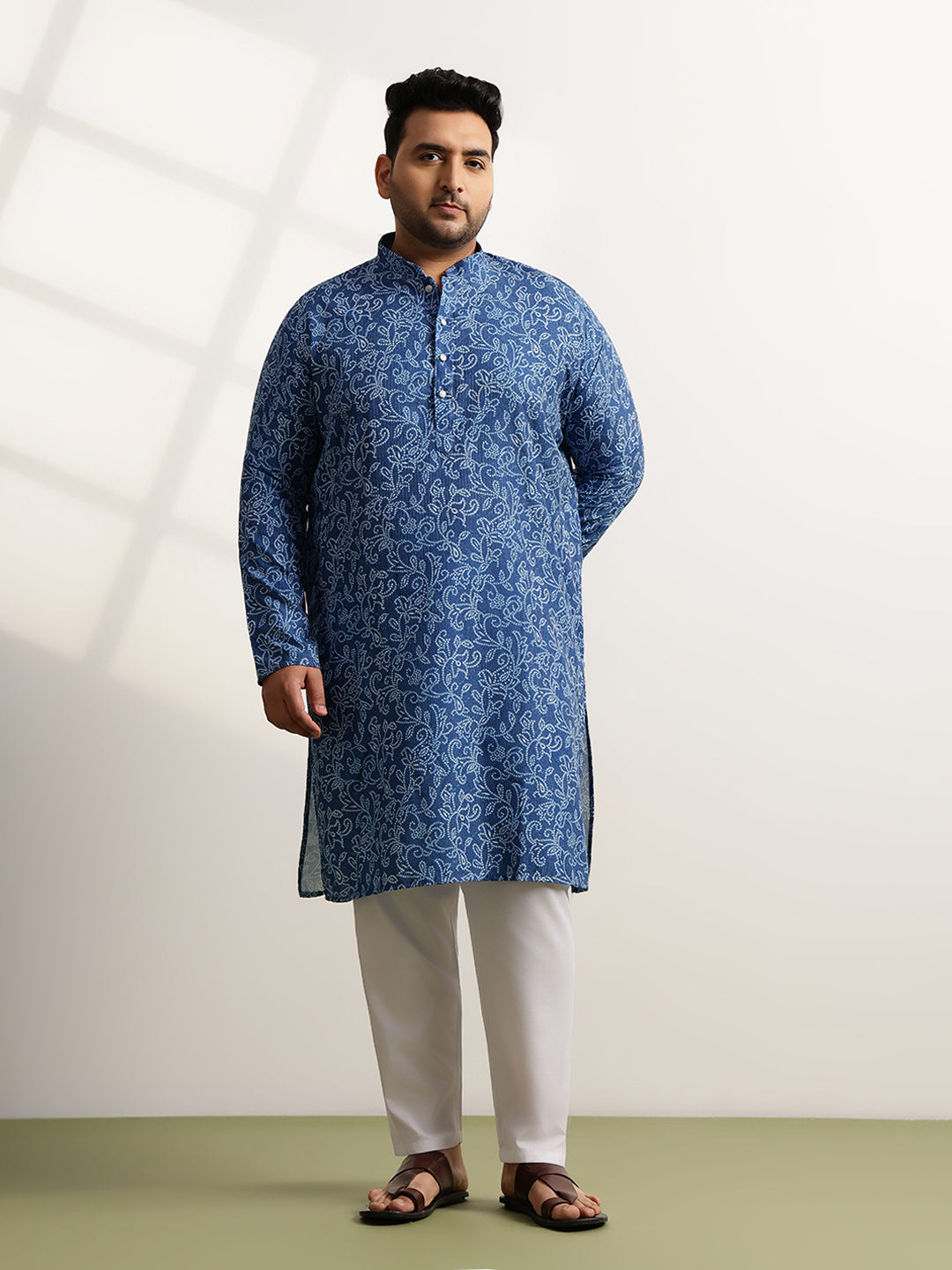 Men’s Cotton Bandhani Print Embroidered Teal Long Kurta
