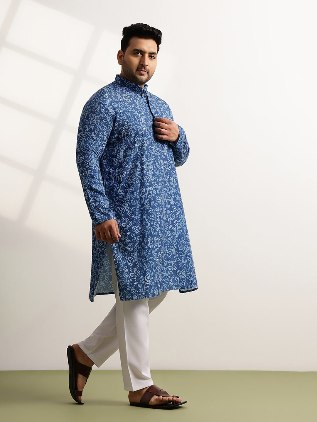 Men’s Cotton Bandhani Print Embroidered Teal Long Kurta