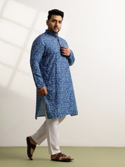 Men’s Cotton Bandhani Print Embroidered Teal Long Kurta