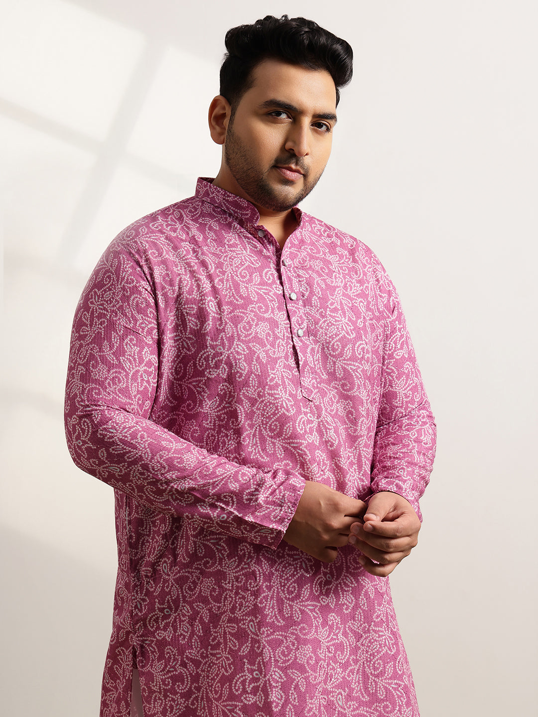 Men’s Cotton Bandhani Print Embroidered Coral Long Kurta