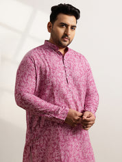 Men’s Cotton Bandhani Print Embroidered Coral Long Kurta