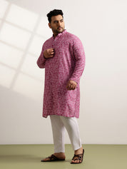 Men’s Cotton Bandhani Print Embroidered Coral Long Kurta