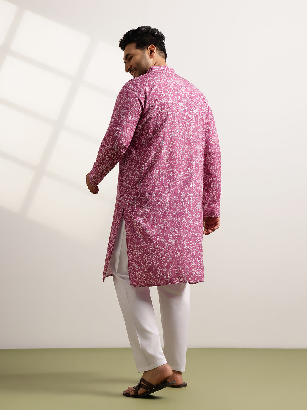Men’s Cotton Bandhani Print Embroidered Coral Long Kurta