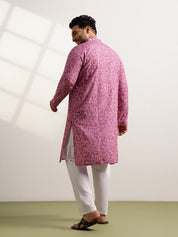 Men’s Cotton Bandhani Print Embroidered Coral Long Kurta