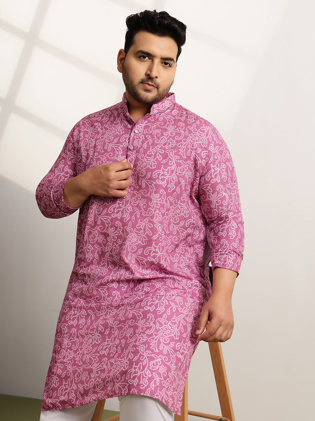 Men’s Cotton Bandhani Print Embroidered Coral Long Kurta