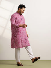 Men’s Cotton Bandhani Print Embroidered Coral Long Kurta