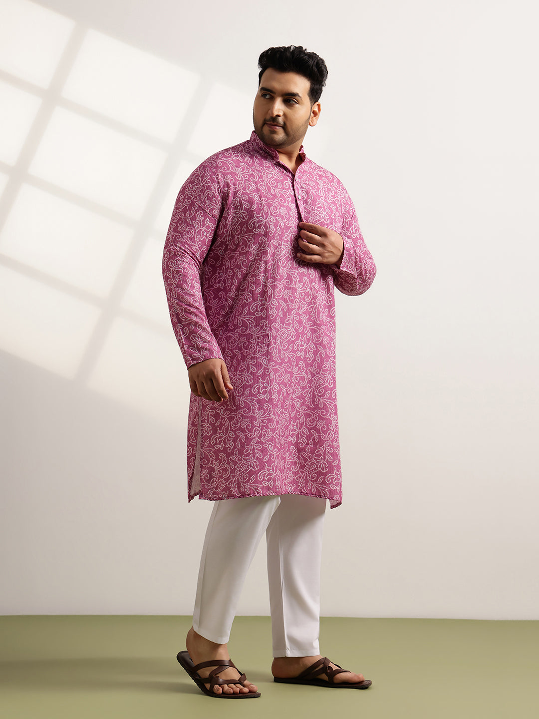 Men’s Cotton Bandhani Print Embroidered Coral Long Kurta