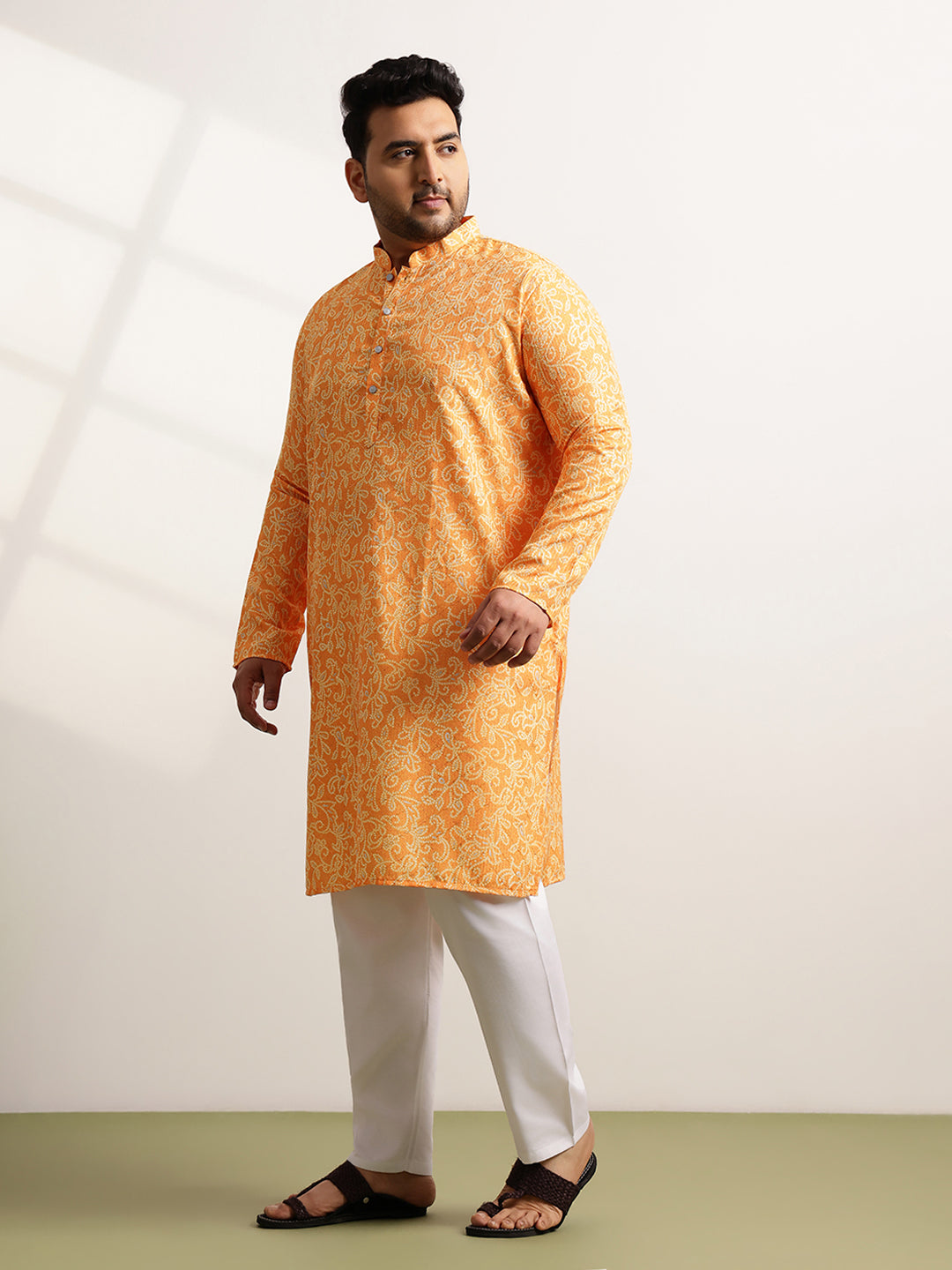 Men’s Cotton Bandhani Print Embroidered Mustard Long Kurta