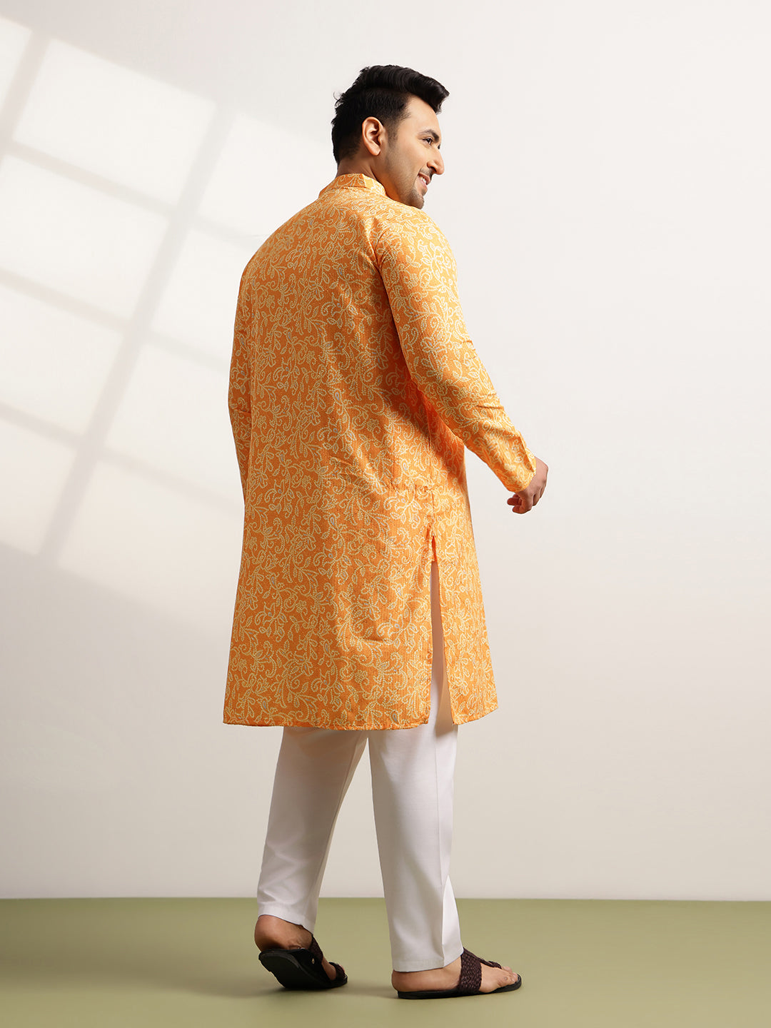 Men’s Cotton Bandhani Print Embroidered Mustard Long Kurta