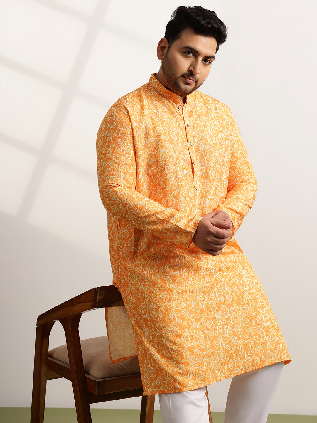 Men’s Cotton Bandhani Print Embroidered Mustard Long Kurta