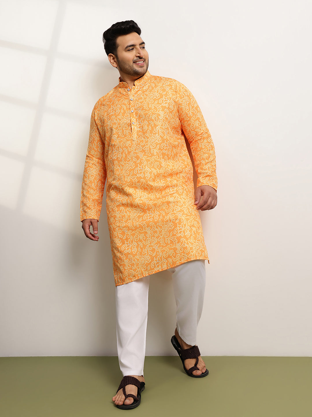 Men’s Cotton Bandhani Print Embroidered Mustard Long Kurta