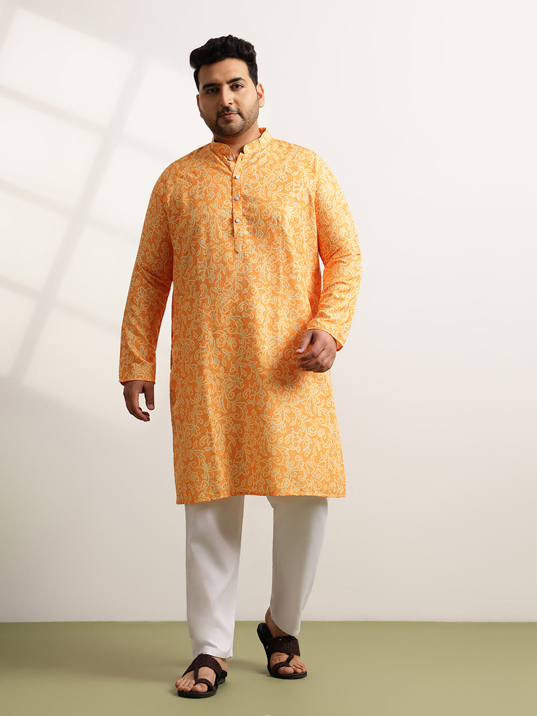 Men’s Cotton Bandhani Print Embroidered Mustard Long Kurta