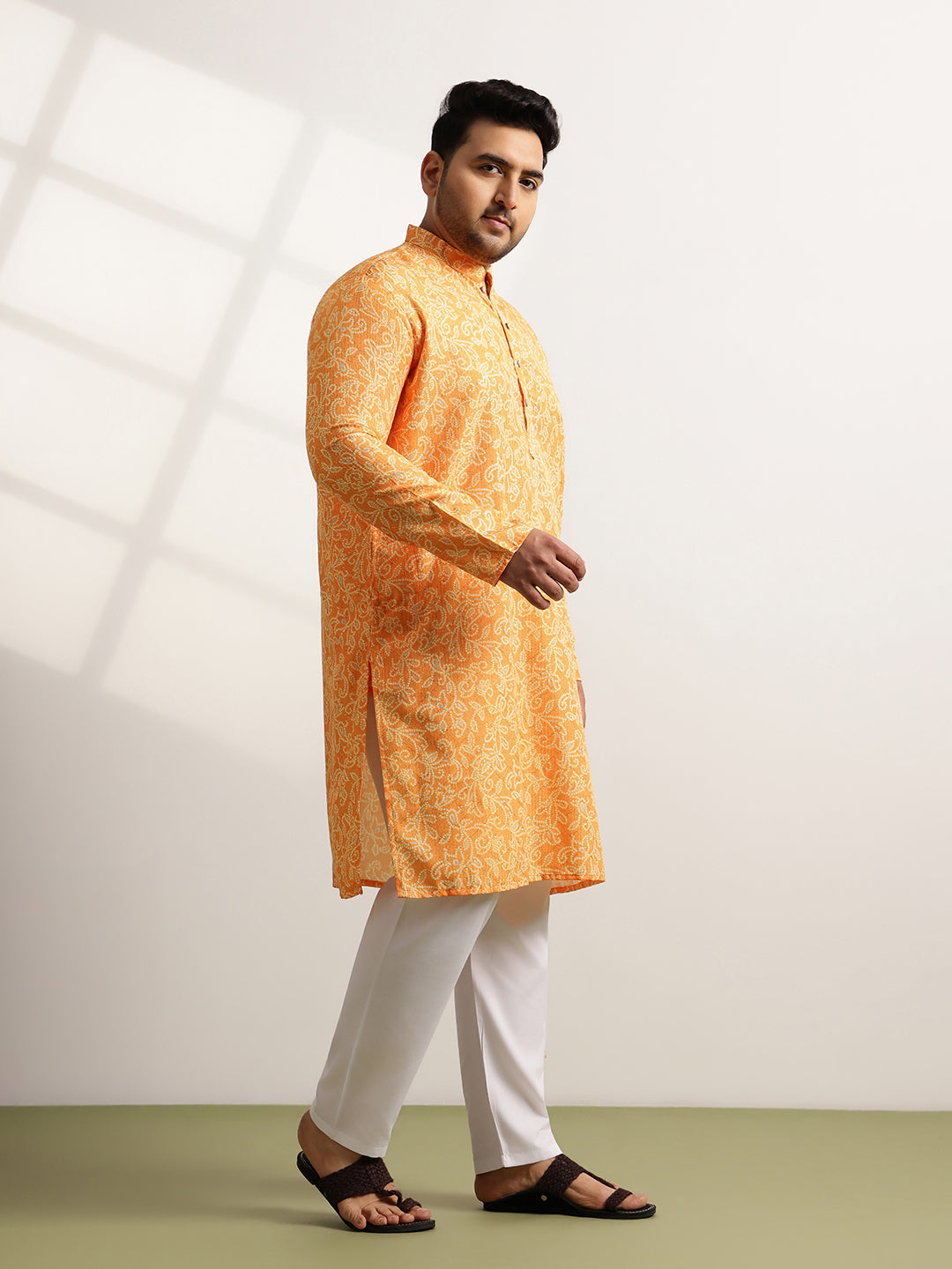 Men’s Cotton Bandhani Print Embroidered Mustard Long Kurta