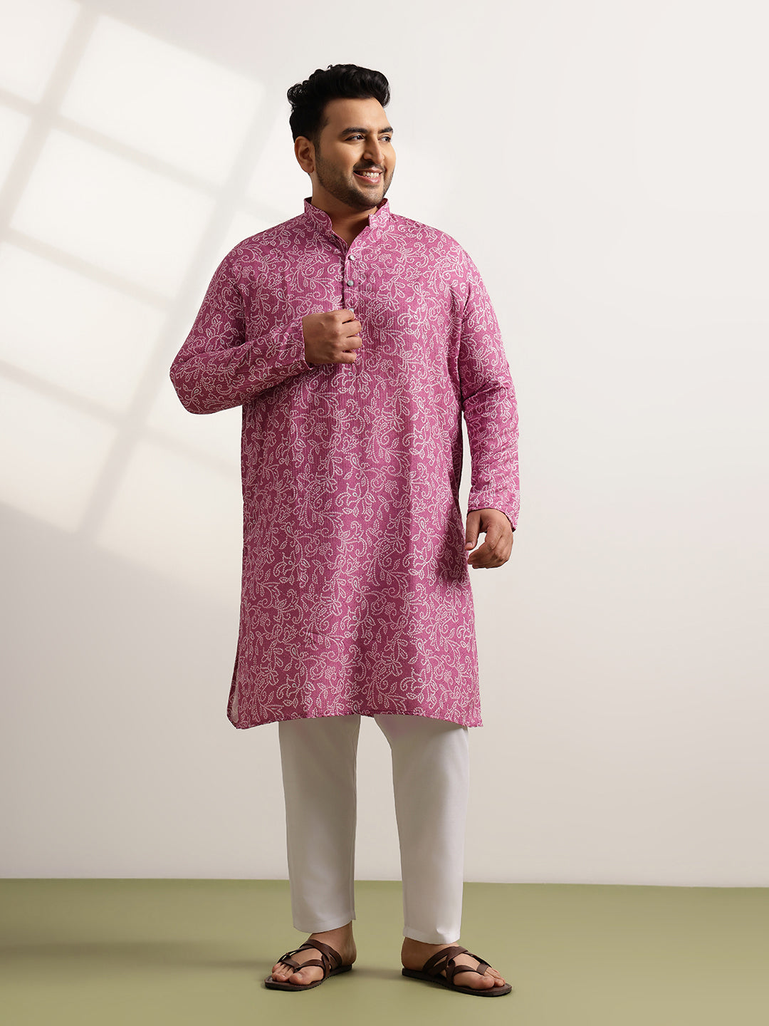 Men’s Cotton Bandhani Print Embroidered Coral Long Kurta