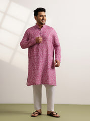 Men’s Cotton Bandhani Print Embroidered Coral Long Kurta