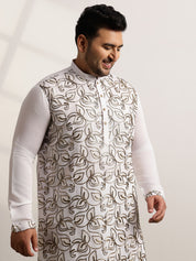 Men's Cotton White Long Kurta With Metallic Thread Embroidery