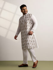 Men's Cotton White Long Kurta With Metallic Thread Embroidery
