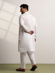 Men's Cotton White Long Kurta With Metallic Thread Embroidery