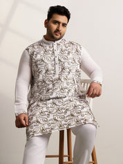 Men's Cotton White Long Kurta With Metallic Thread Embroidery