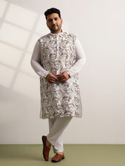 Men's Cotton White Long Kurta With Metallic Thread Embroidery