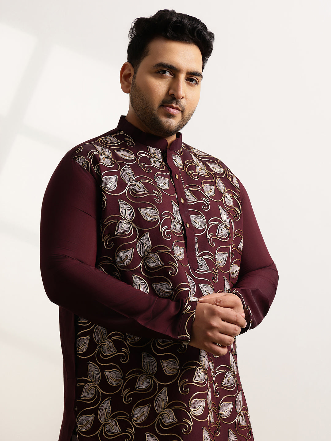 Men's Cotton Wine Long Kurta With Metallic Thread Embroidery
